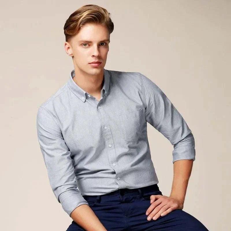 Business casual slim fit shirt for men in gray, polyester-cotton blend, stylish office wear.