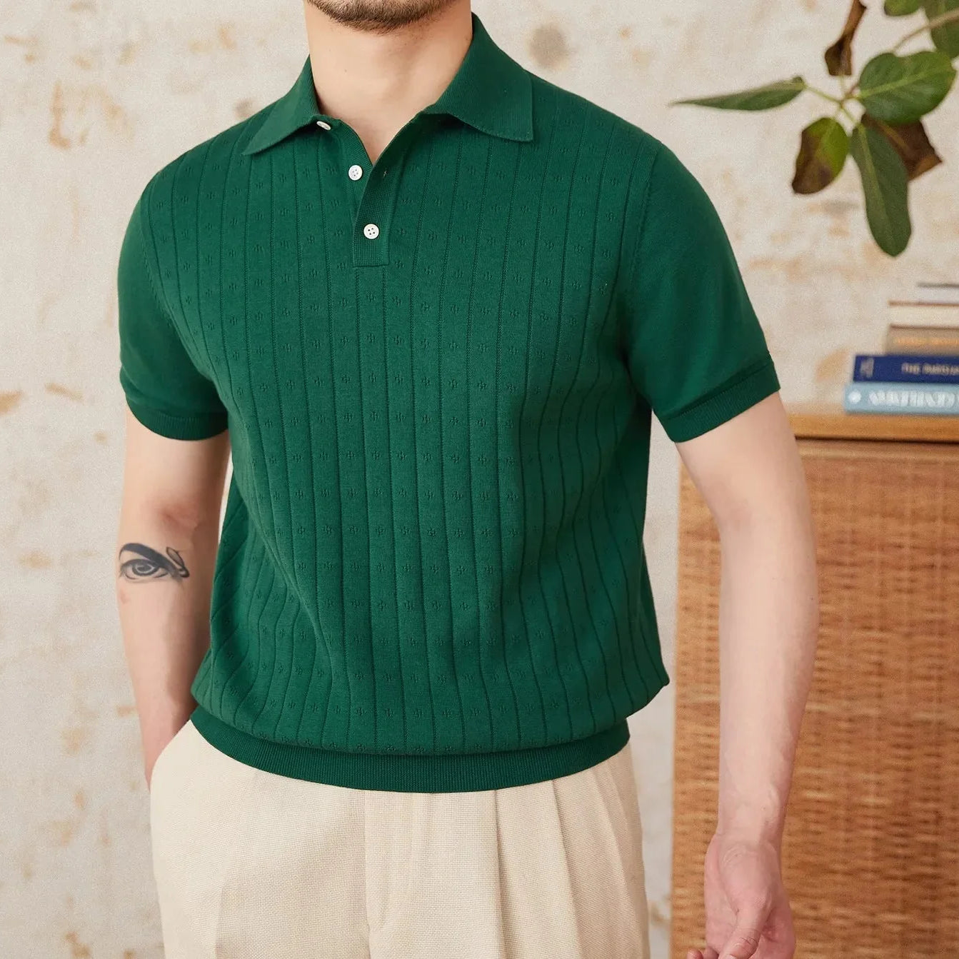 Retro old money summer t-shirt in green, short sleeves, cotton material, styled for men.