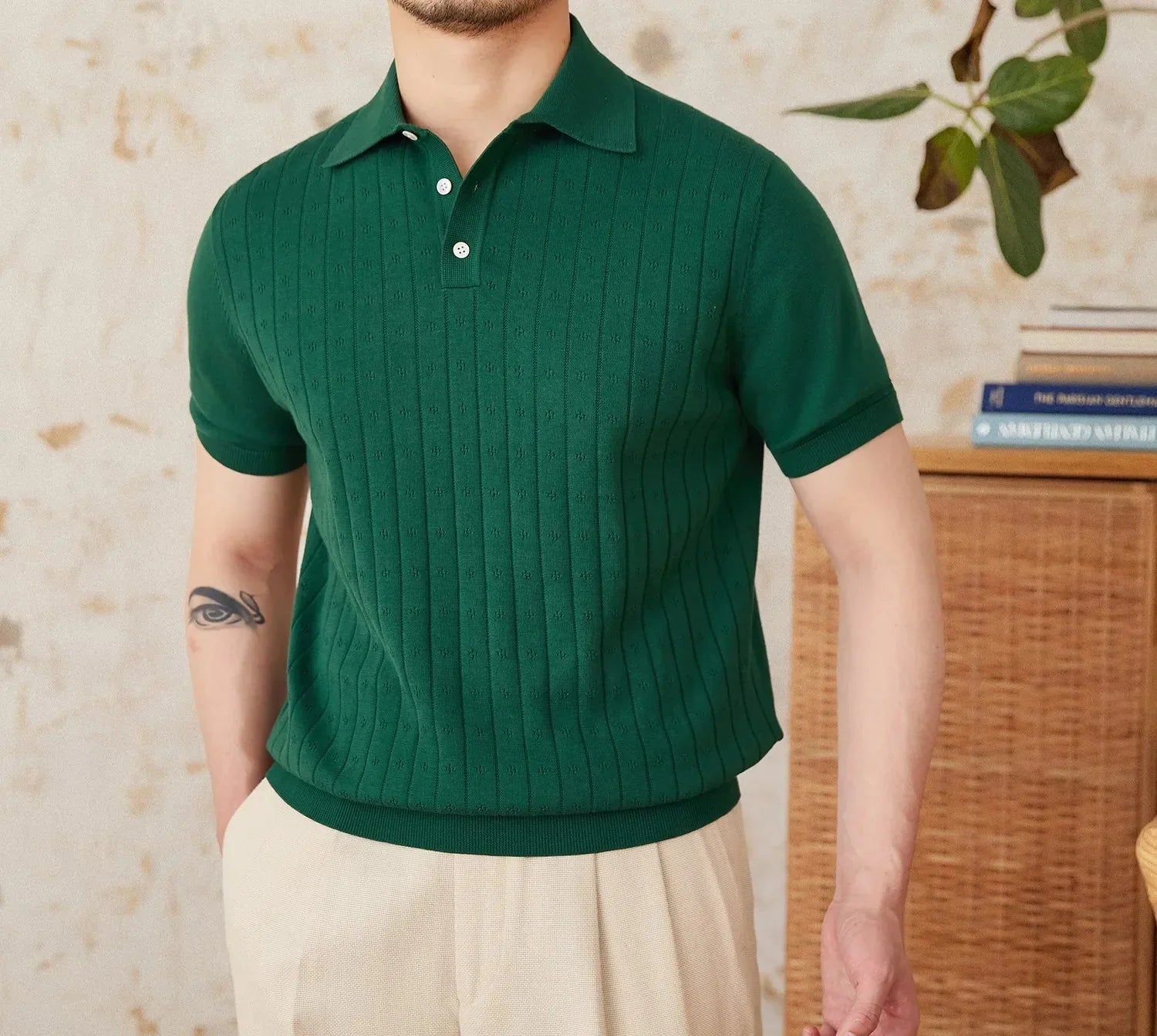 Retro old money summer t-shirt in green, short sleeves, cotton material, styled for men.