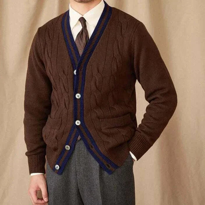 Antonios twisted knit cardigan in Italian vintage style, men's wool cardigan, brown with button detail.