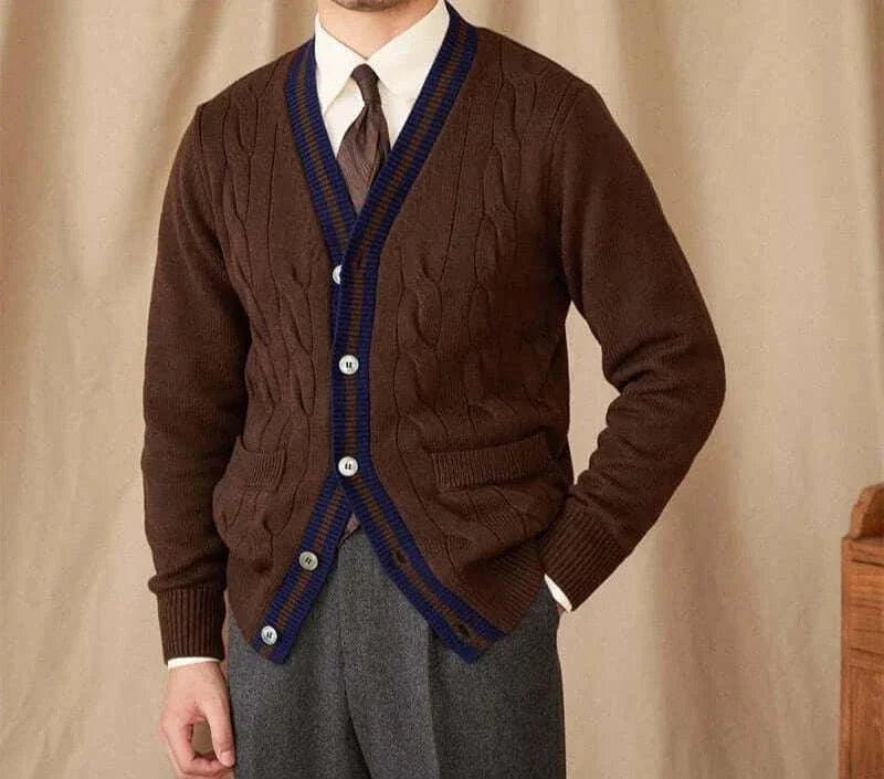 Antonios twisted knit cardigan in Italian vintage style, men's wool cardigan, brown with button detail.