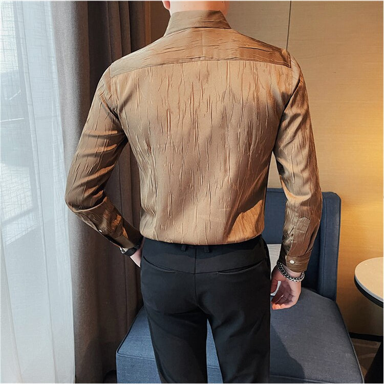 LUXE Long-Sleeve Shirt in brown, showcasing solid pattern and elegant fit.