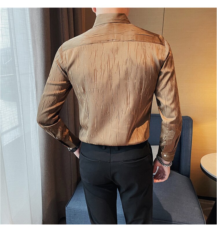 LUXE Long-Sleeve Shirt in brown, showcasing solid pattern and elegant fit.