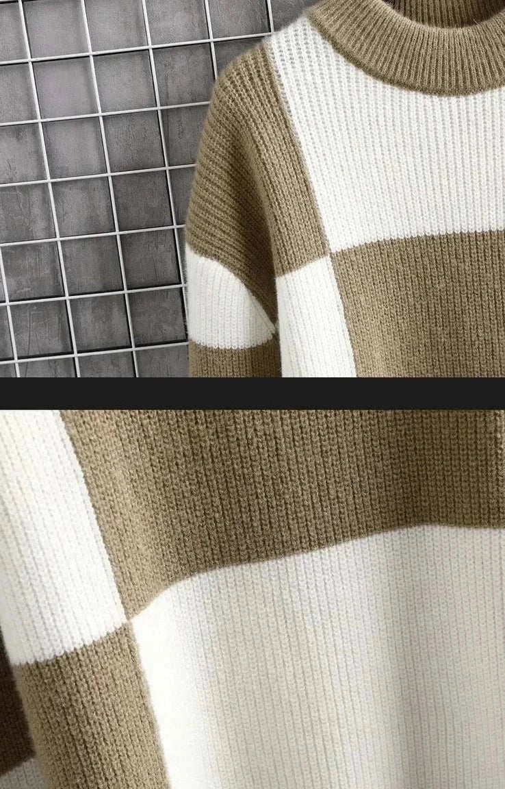 Norway winter sweater in beige and white stripes, casual and elegant style.