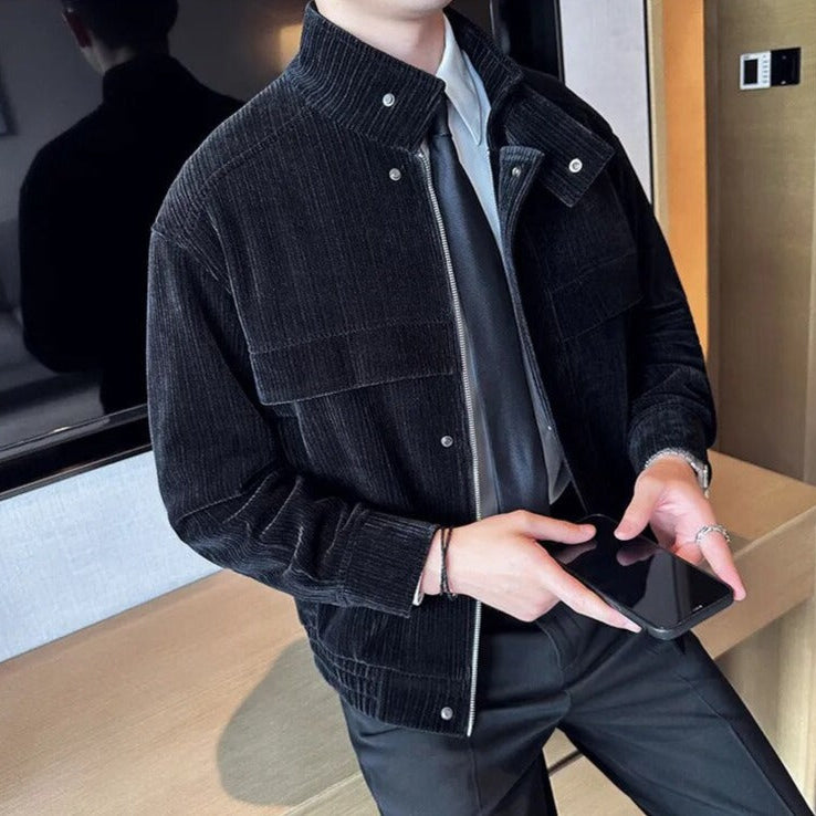 Corduroy winter jacket for men in black, casual elegant style.