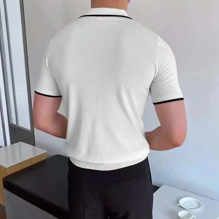 Men's polo collar relaxed fit t-shirt in white with black trim, back view.