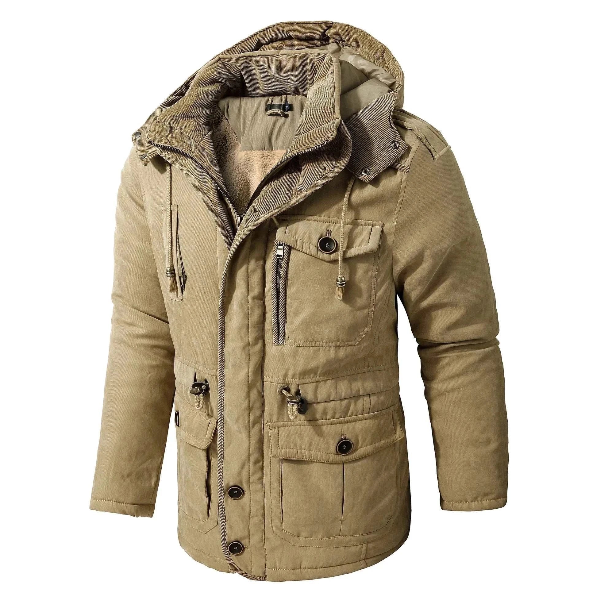 Men's thick windproof jacket in khaki, featuring multiple pockets and a hood, made from cotton and polyester.