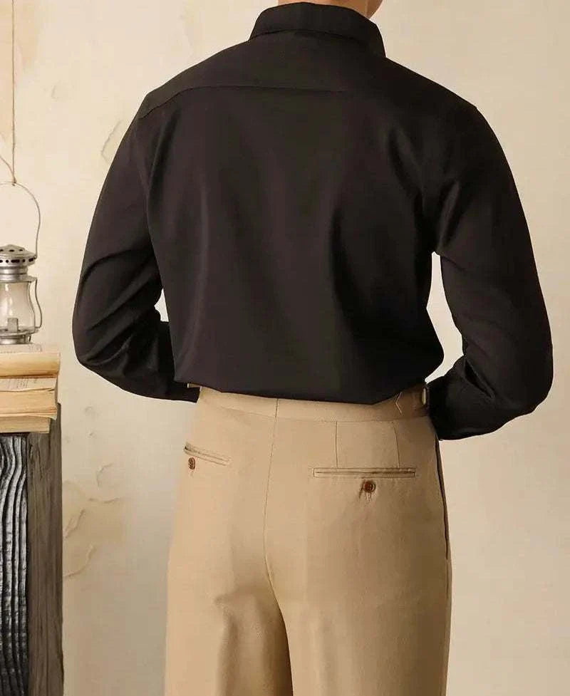 Antonios washed tuxedo shirt in office setting, stylish men's wear.