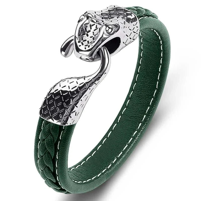 Snake leather bracelet with stainless steel detailing for a stylish, durable look.