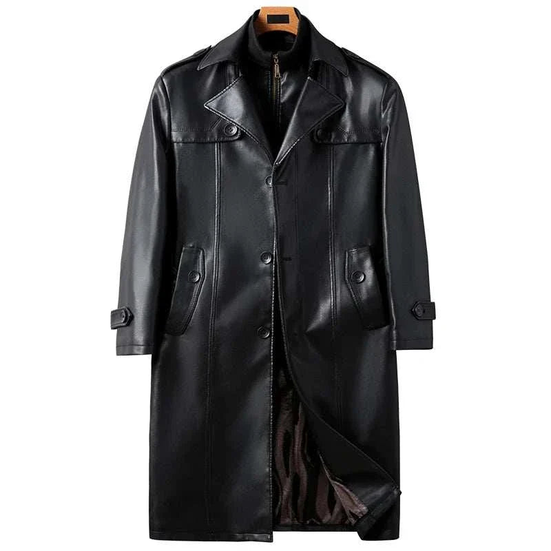 Men's black PU leather long coat for autumn and winter.