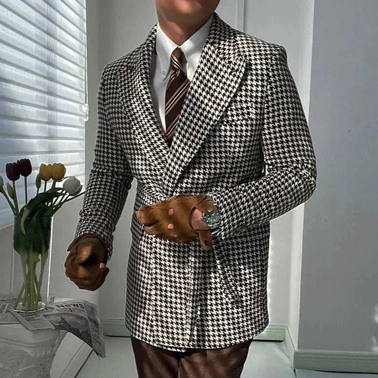 Houndstooth woolen retro suit blazer for men, elegant and stylish.