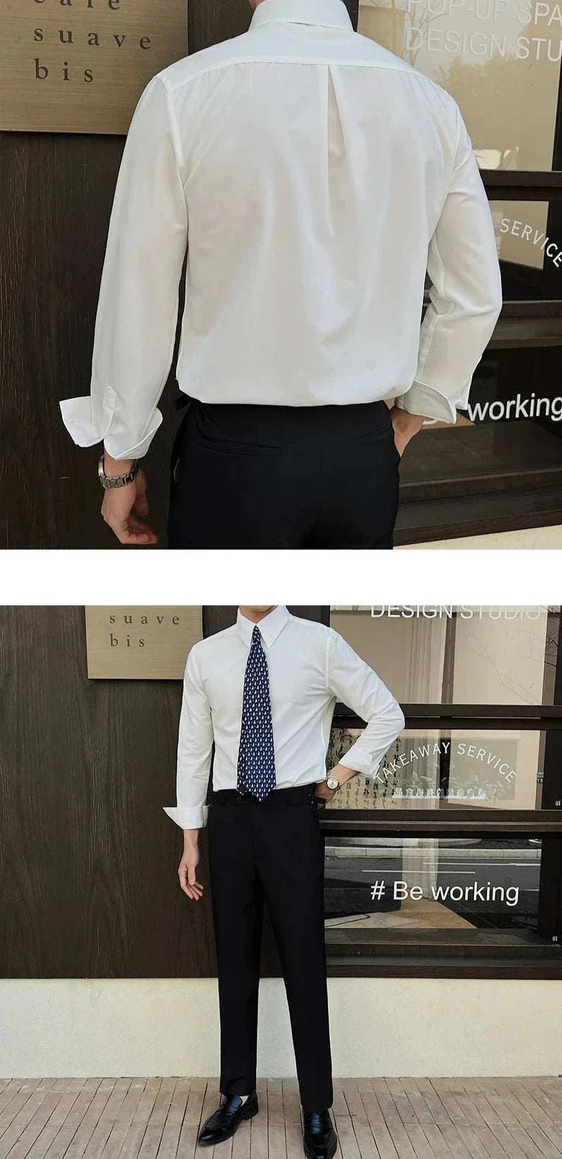 British formal slim-fit shirt in white polyester, perfect for men's formal occasions.
