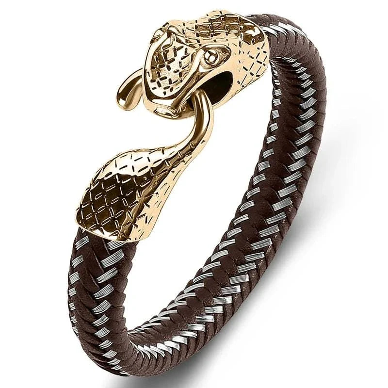 Stylish snake leather bracelet with gold-tone stainless steel detailing.