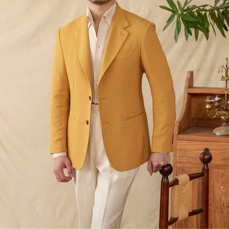 Business linen relaxation jacket for men in mustard color, perfect for winter wear.