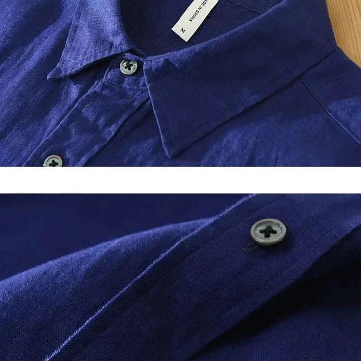 Antonios loose short sleeve summer shirt in navy blue linen fabric.