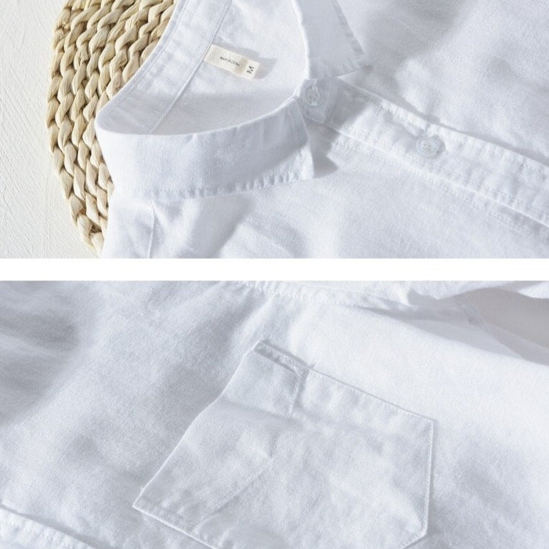 details of white long sleeve casual shirt made of cotton and linen for men