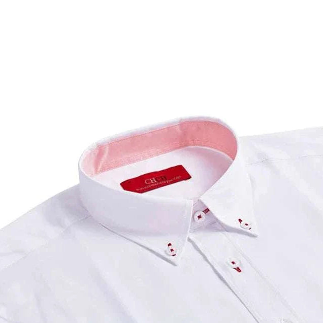 Business casual long sleeve cotton shirt with contrasting collar detail.