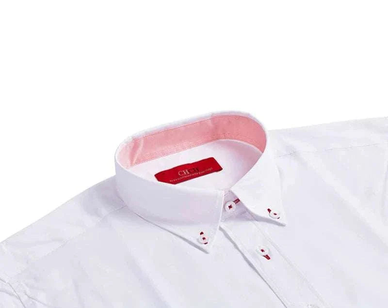 Business casual long sleeve cotton shirt with contrasting collar detail.