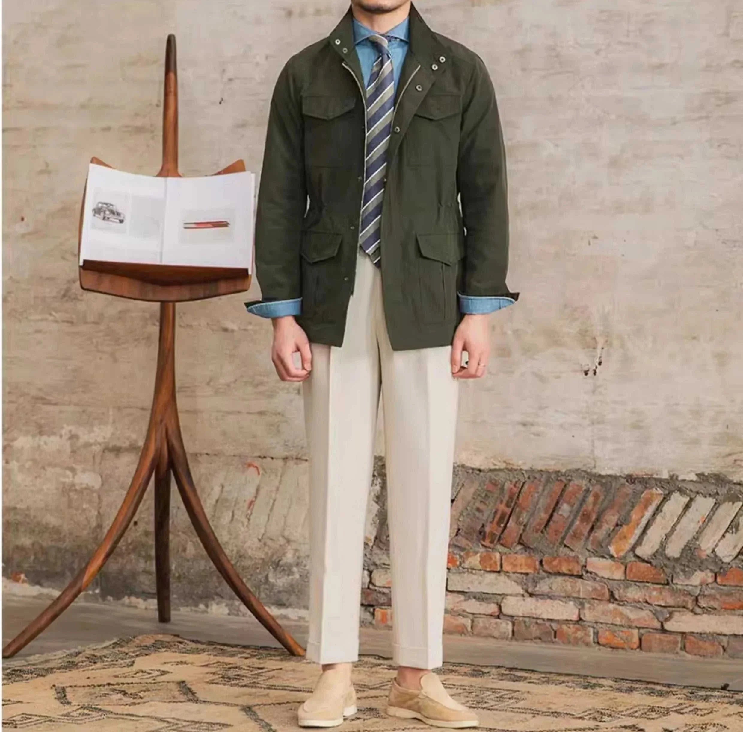 British old money jacket, elegant men's fashion, high-quality cotton, polyester-wool blend.