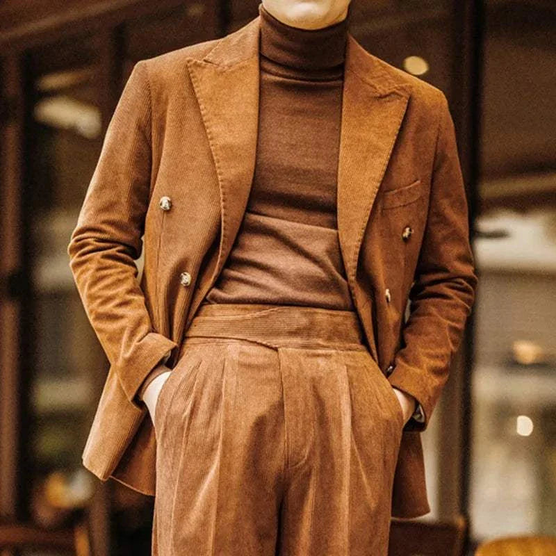 Wedding corduroy double breast suit in brown, made of 100% polyester for groom or groomsman.