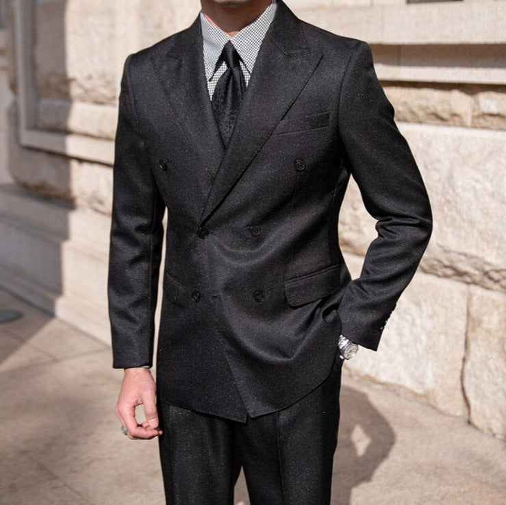 Antonios Double Breast Suit in black, polyester fabric, men's formal wear.