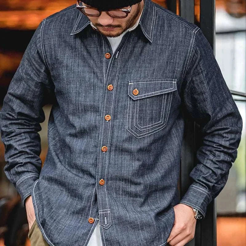 Men's RETRO denim solid long-sleeve shirt, casual and elegant style for spring/summer.