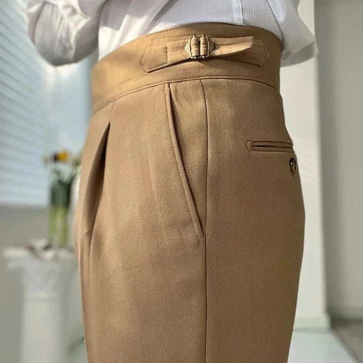 High waist gentleman trousers in smart casual style with buckle detail.