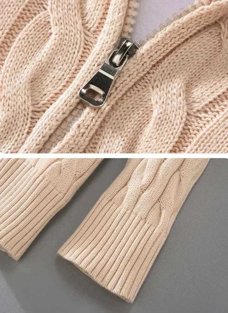 Autumn half zipper braided cotton sweater with detailed knit texture.