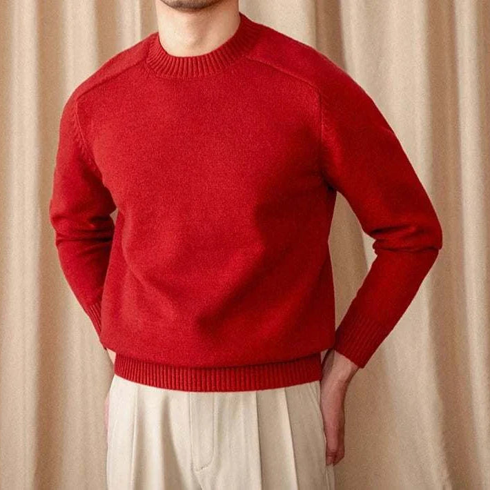 Japanese casual winter sweater in red, cotton and wool blend, for men.