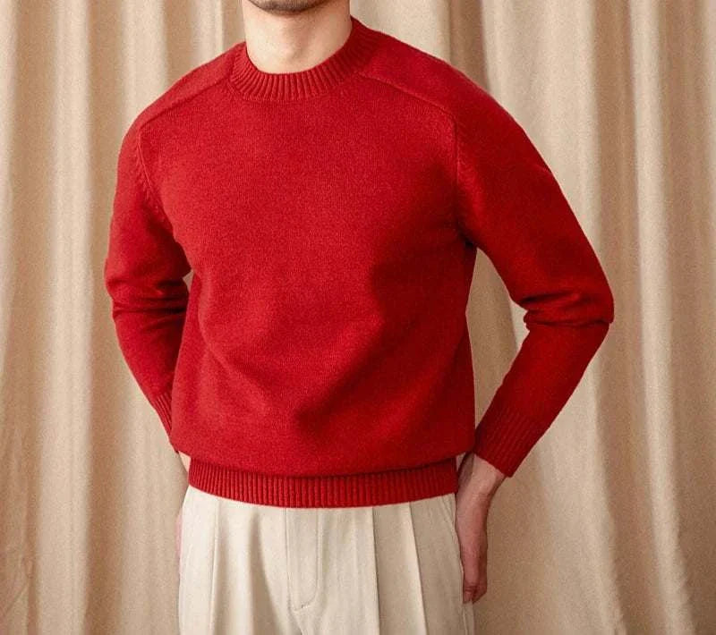 Japanese casual winter sweater in red, cotton and wool blend, for men.