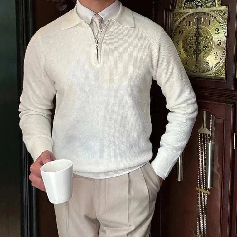 Oxford zipper sweater, white, men's casual and elegant style, warm and breathable, premium acrylic, solid pattern.