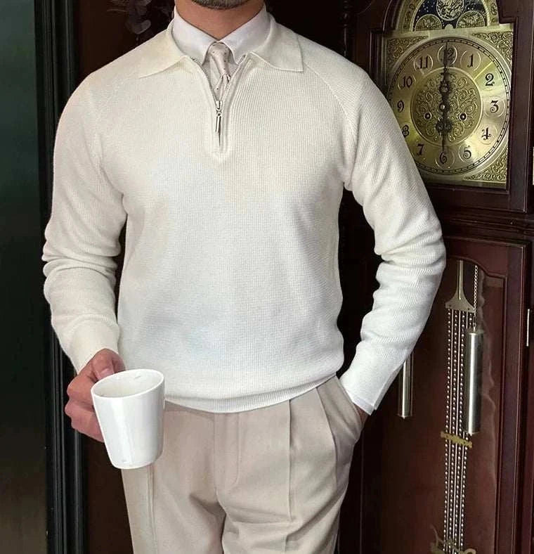 Oxford zipper sweater, white, men's casual and elegant style, warm and breathable, premium acrylic, solid pattern.