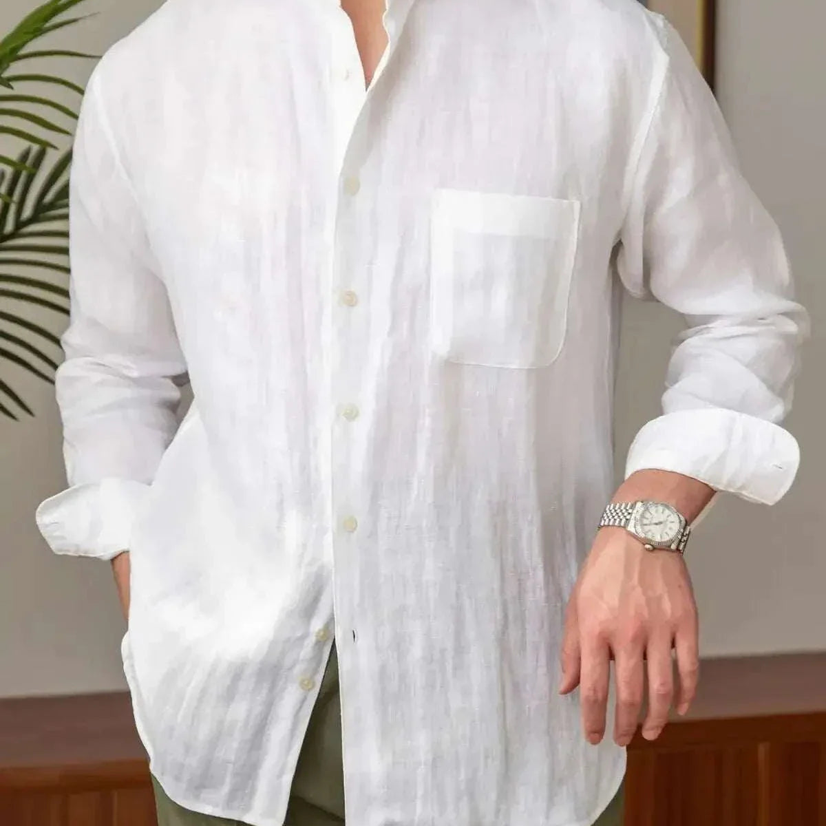Linen smart casual long sleeve shirt with classic collar, comfortable and breathable design for men.