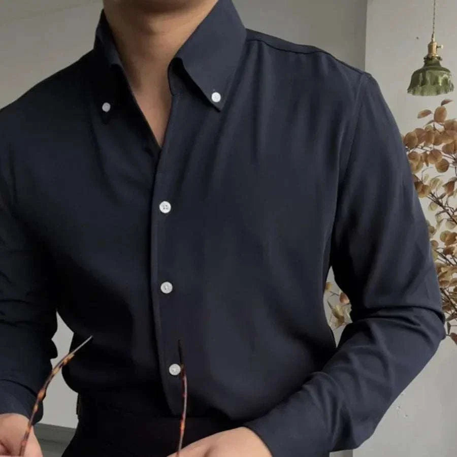 Antonios elegance solid long sleeve shirt in dark color, featuring classic buttons.