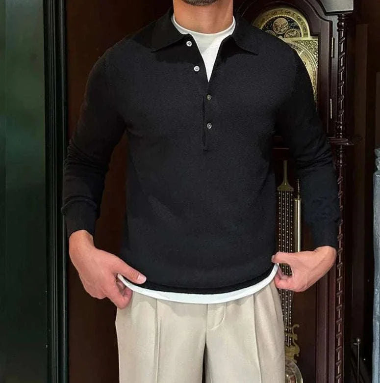 Oxford zipper sweater in black, buttoned style, men's casual and elegant wear.