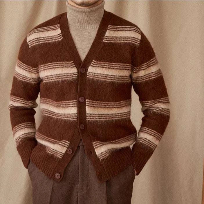 Antonios striped wool v-neck cardigan in brown and white stripes, winter essential.