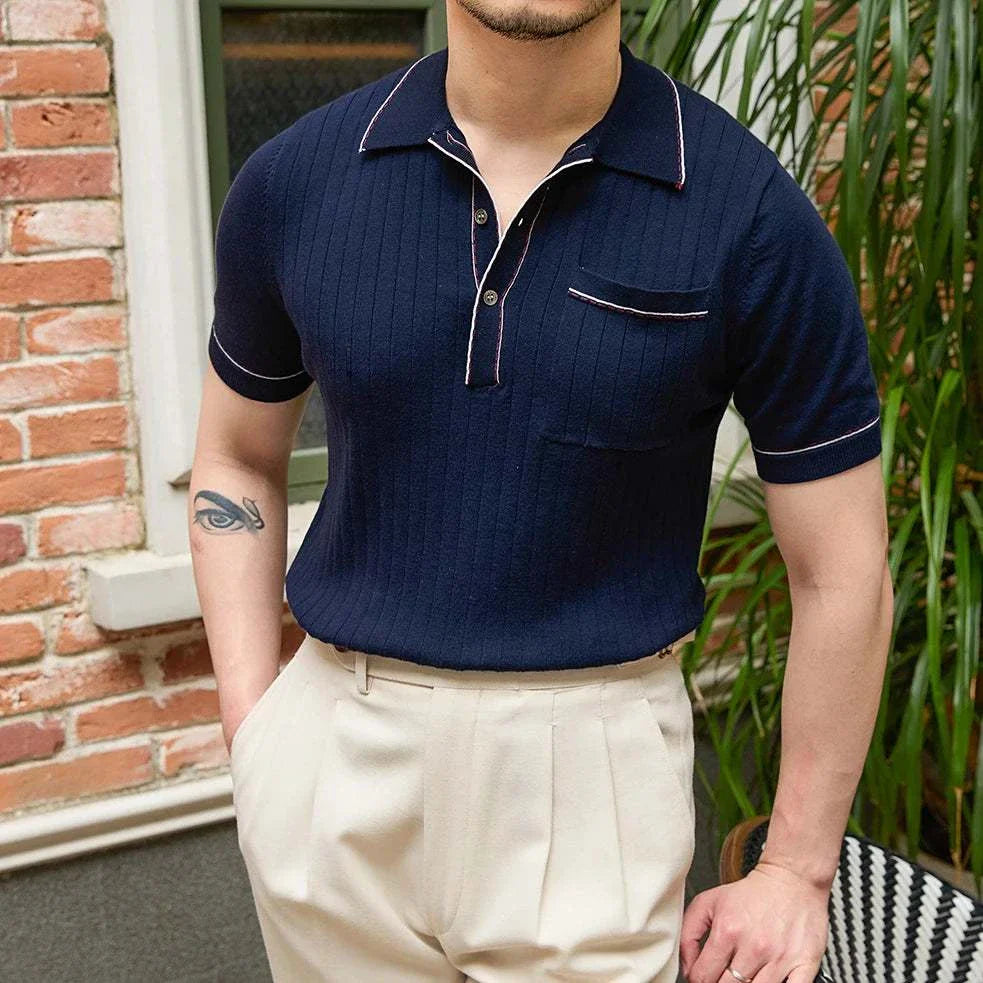 Old money polo English t-shirt for men, casual and elegant style, in navy.