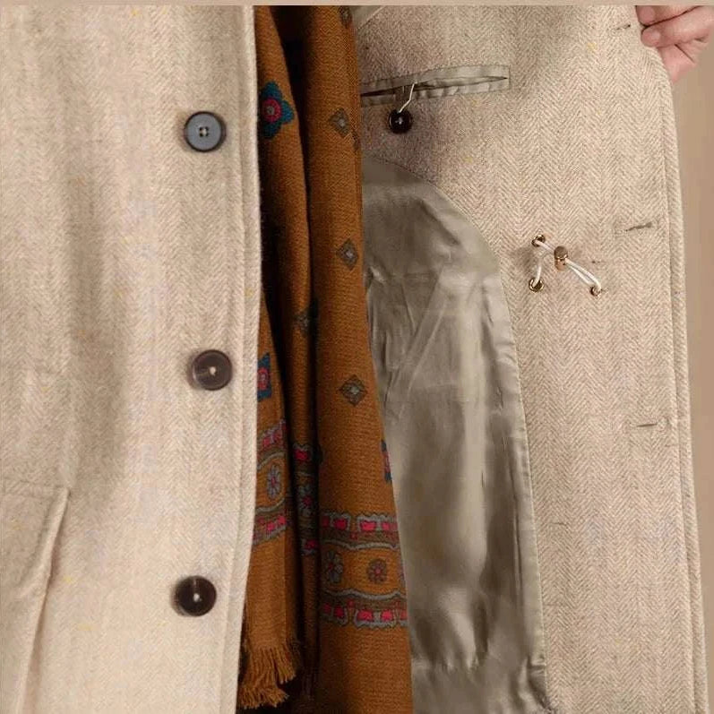 British winter premium jacket with wool and cotton blend, showcasing interior lining and button details.