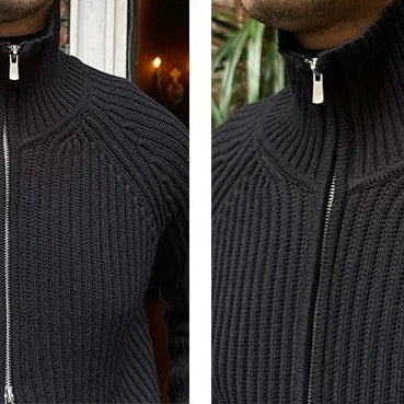 Retro cardigan in black cotton with zip-up front, stylish and perfect for chilly nights.