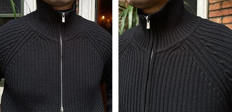 Retro cardigan in black cotton with zip-up front, stylish and perfect for chilly nights.