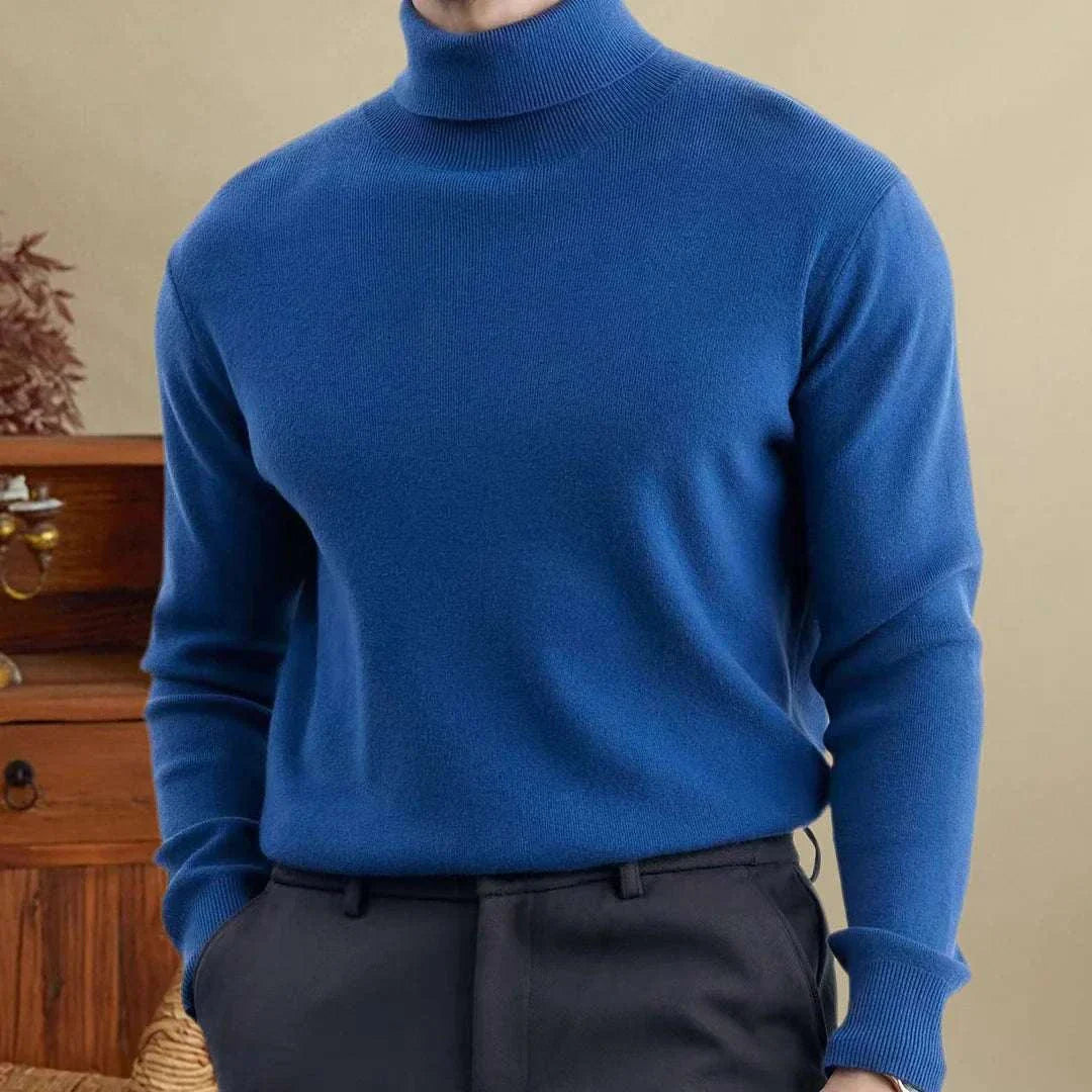 High-turtleneck classic sweater in blue, soft wool and lyocell blend, men's fashion.