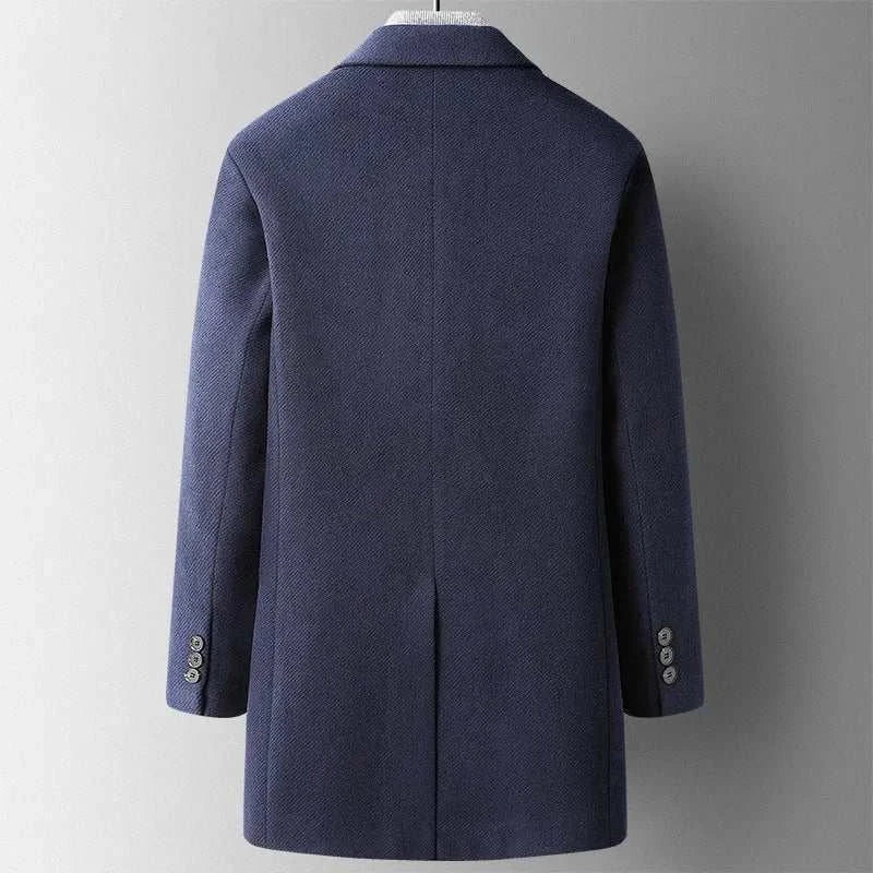 Men's autumn business overcoat in high-quality polyester blend, back view.