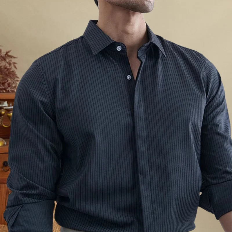 Antonios British striped tuxedo shirt for office wear, men's stylish and comfortable formal attire.