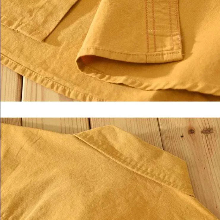Japanese loose short sleeve summer shirt in solid yellow cotton fabric.