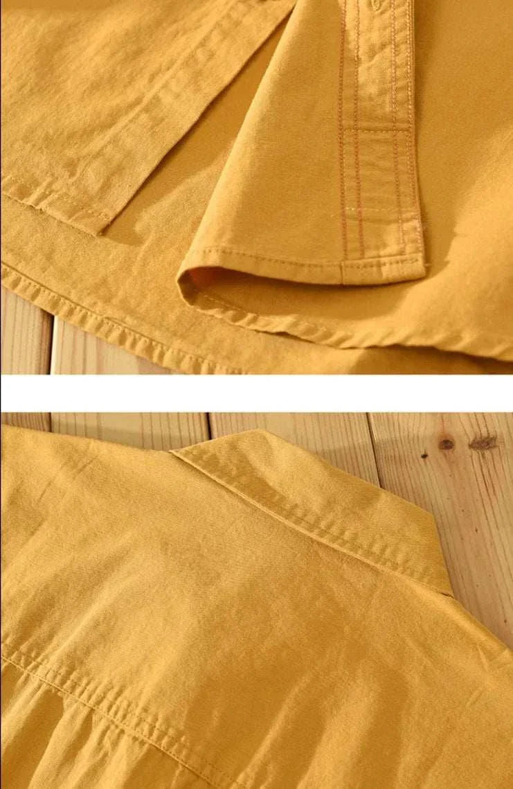 Japanese loose short sleeve summer shirt in solid yellow cotton fabric.