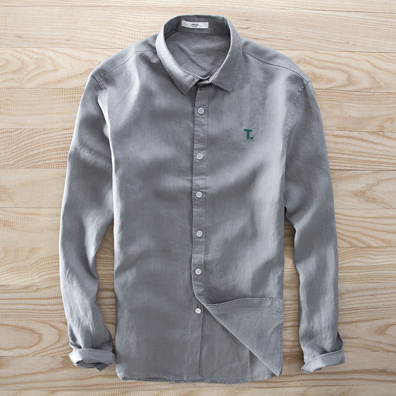 Men's grey long sleeve cotton-linen shirt, casual elegance style.