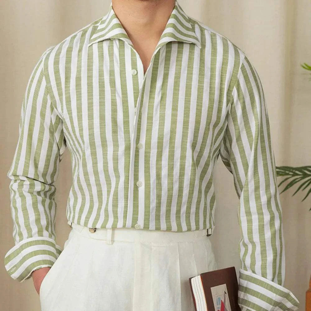 Business striped white summer shirt for men, cotton-poly blend, elegant and breathable.