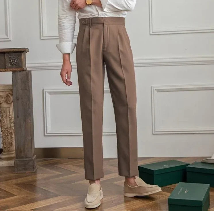 Korean-inspired Antonios draped suit pants in elegant brown, smart casual style.