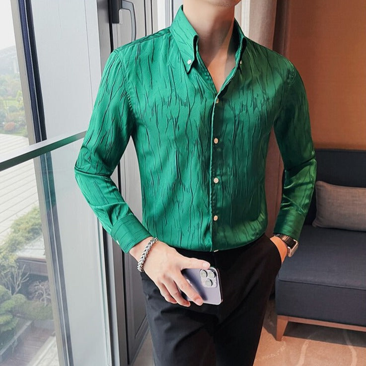 LUXE Long-Sleeve Shirt for men in green with solid pattern, cotton and linen blend, casual style.