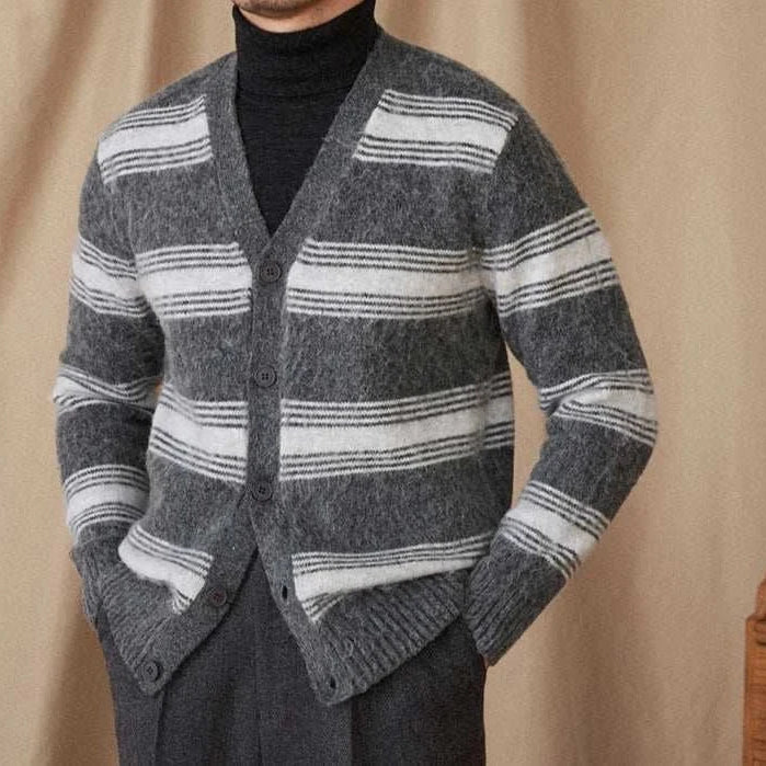 Antonios striped wool v-neck cardigan for men, grey and white design.